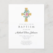 Budget Cross-roze Floral Peonies Baptisme Invite (Voorkant)