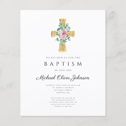 Budget Cross-roze Floral Peonies Baptisme Invite (Voorkant)