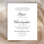 Budget Cursive Script Black Wedding Invitation<br><div class="desc">Deze klasachtige formele trouwuitnodiging kenmerkt traditionele teksten in elegant zwart cursief manuscript en kleine kapitaaldoopvonten op een witte achtergrond. De achterkant is stevig zwart.</div>