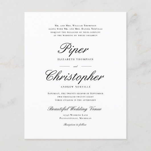 Budget Cursive Script Black Wedding Invitation (Voorkant)