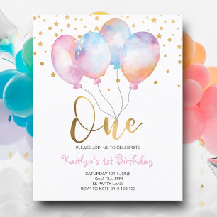 Budget Cute Balloons Pink Gold One Uitnodiging