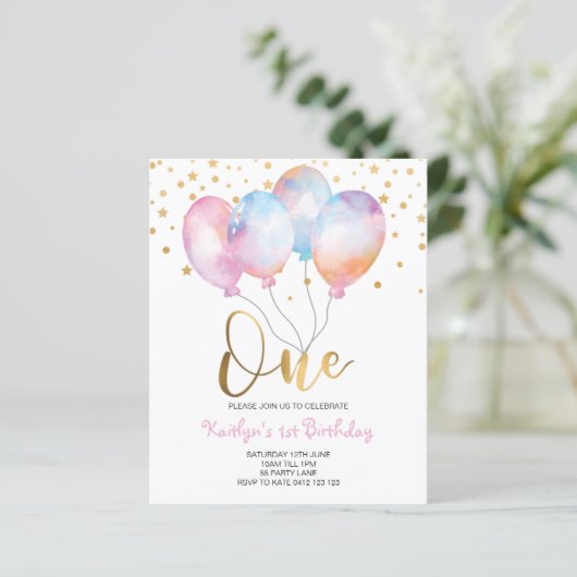 Budget Cute Balloons Pink Gold One Uitnodiging (Staand voorkant)