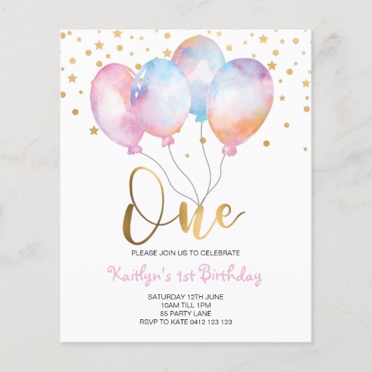 Budget Cute Balloons Pink Gold One Uitnodiging (Voorkant)