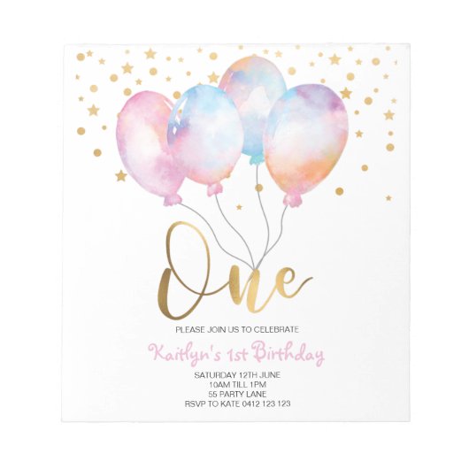 Budget Cute Balloons Pink Gold One Uitnodiging Notitieblok (Voorkant)