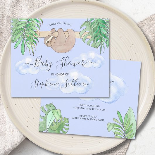 Budget Cute Blue Boy Sloth Baby shower Uitnodiging