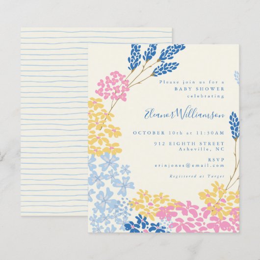 Budget Cute Blue Yellow Flowers Baby shower Uitnod (Voorkant / Achterkant)