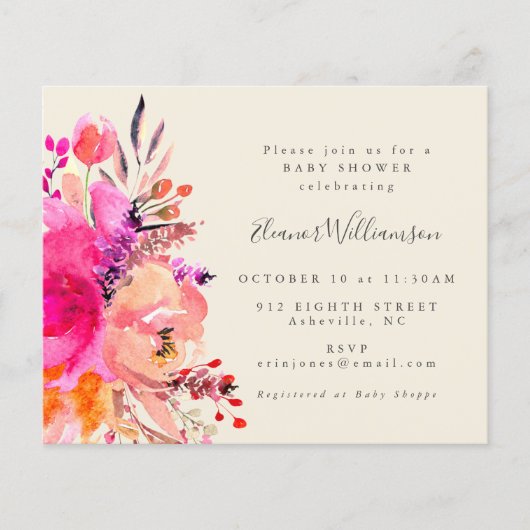 Budget Cute Bright Pink Floral Simple Baby shower (Voorkant)