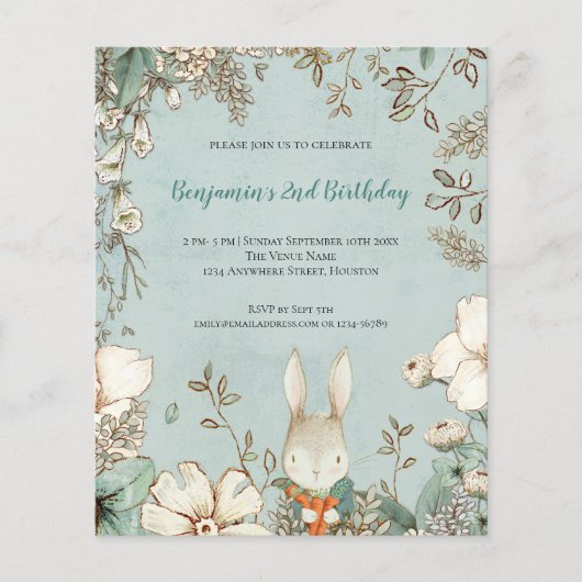 Budget Cute Bunny Foliage 2e verjaardag Boy Invite (Voorkant)
