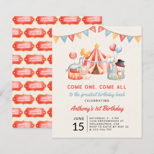 Budget Cute Circus Carnival Fiesta First Birthday (Voorkant / Achterkant)
