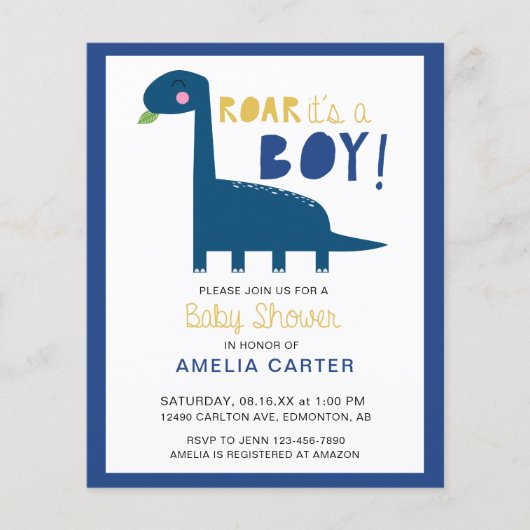 Budget Cute Dinosaur baby shower Boy Blue Modern (Voorkant)
