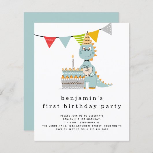 Budget Cute Dinosaur Cake 1st Birthday Uitnodiging (Voorkant / Achterkant)