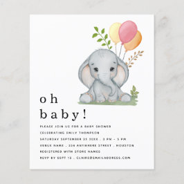 Budget Cute Elephant Pink Girl Baby shower Uitnodi