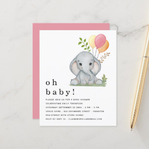 Budget Cute Elephant Pink Girl Baby shower Uitnodi