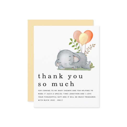 BUDGET Cute Elephant Yellow Baby shower Dank u wel (Voorkant / Achterkant in situ)