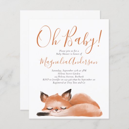 BUDGET Cute Fox Oh Baby shower Uitnodiging (Voorkant / Achterkant)