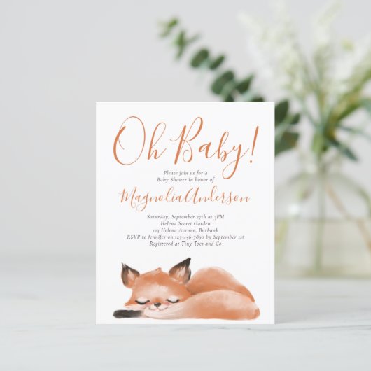BUDGET Cute Fox Oh Baby shower Uitnodiging (Staand voorkant)