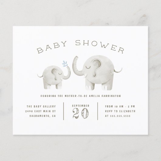 Budget Cute Gray Waterverf Elephant Baby shower (Voorkant)