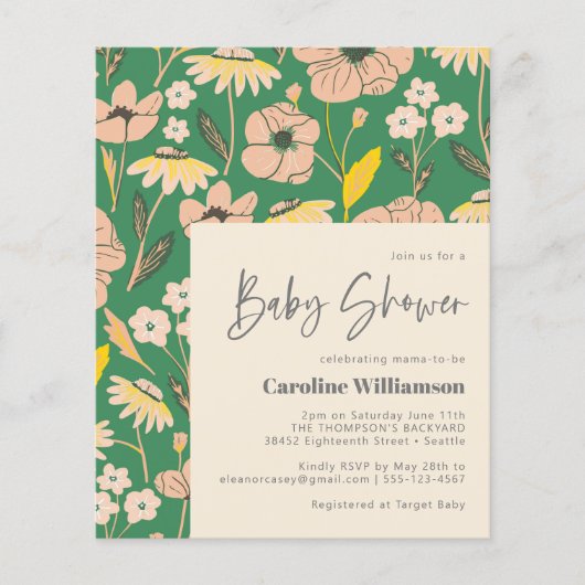 Budget Cute Green Pink Floral Baby shower Uitnodig (Voorkant)
