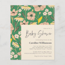 Budget Cute Green Pink Floral Baby shower Uitnodig
