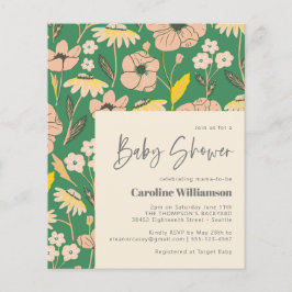 Budget Cute Green Pink Floral Baby shower Uitnodig