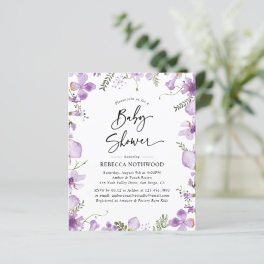 Budget Cute Lila Neutraal Baby shower Uitnodiging (Staand voorkant)