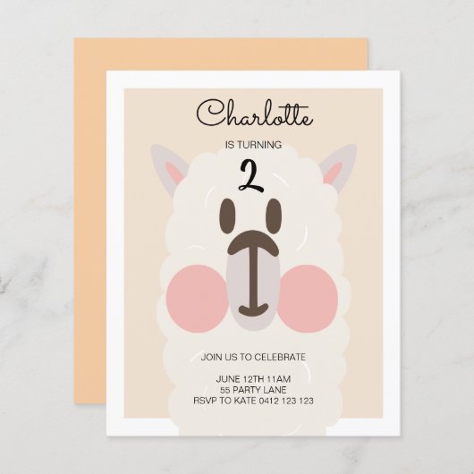BUDGET Cute Llama Modern Birthday Invitation (Voorkant / Achterkant)