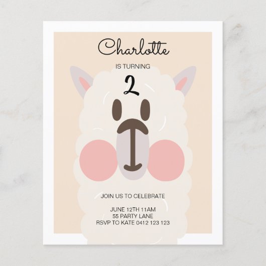 BUDGET Cute Llama Modern Birthday Invitation (Voorkant)