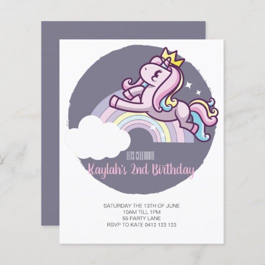BUDGET Cute Magical Unicorn Uitnodiging (Voorkant / Achterkant)