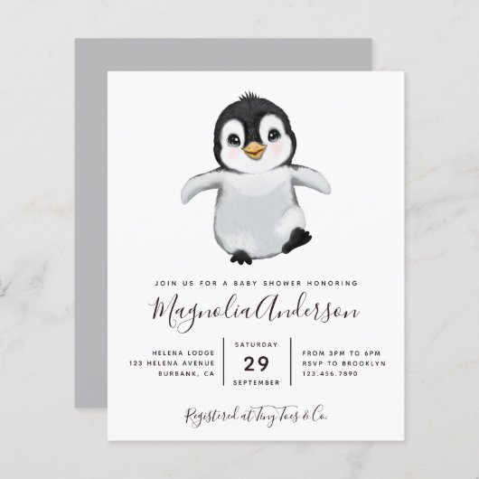 Budget Cute Penguin Baby shower Uitnodiging (Voorkant / Achterkant)
