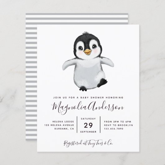 Budget Cute Penguin Baby shower Uitnodiging (Voorkant / Achterkant)