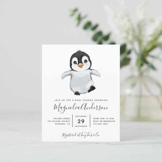Budget Cute Penguin Baby shower Uitnodiging (Staand voorkant)
