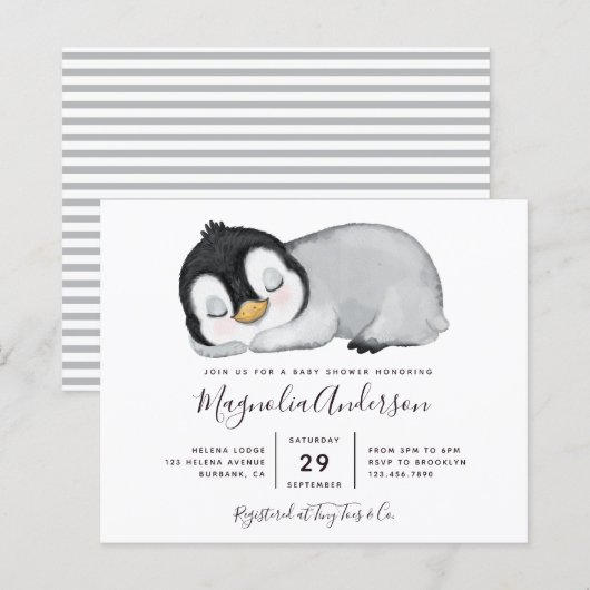 Budget Cute Penguin Baby shower Uitnodiging (Voorkant / Achterkant)