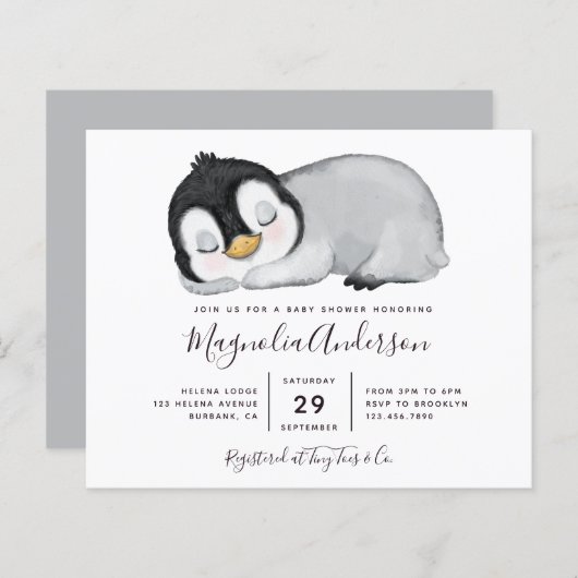 Budget Cute Penguin Baby shower Uitnodiging (Voorkant / Achterkant)