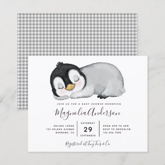 Budget Cute Penguin Baby shower Uitnodiging (Voorkant / Achterkant)