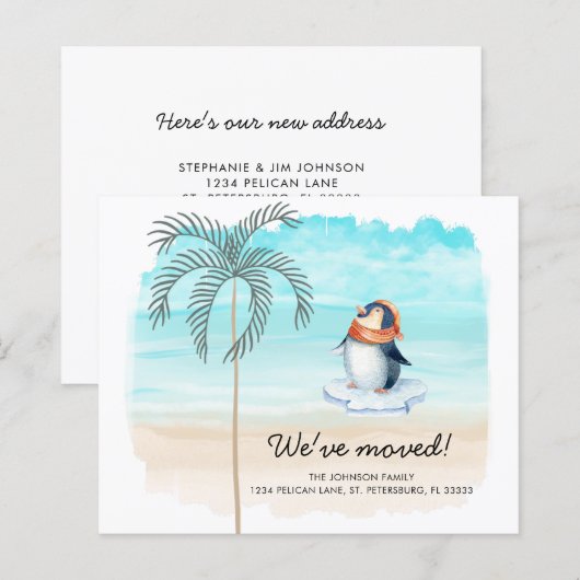 Budget Cute Penguin Florida Beach New Address Kaar (Voorkant / Achterkant)