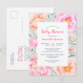 Budget Cute Peonies Rozen Pink Florence Baby showe Uitnodiging Briefkaart (Voorkant / Achterkant)