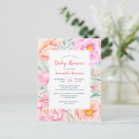 Budget Cute Peonies Rozen Pink Florence Baby showe Uitnodiging Briefkaart (Staand voorkant)