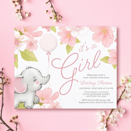Budget Cute Pink Floral Elephant Girl Baby shower