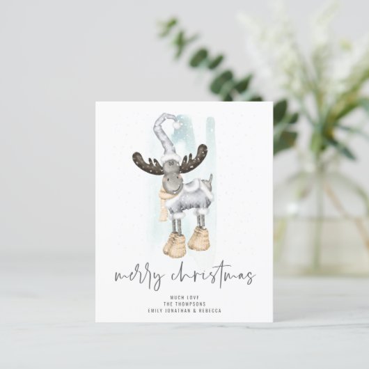 Budget Cute Reindeer Script Merry Kerstmis Kaart (Staand voorkant)