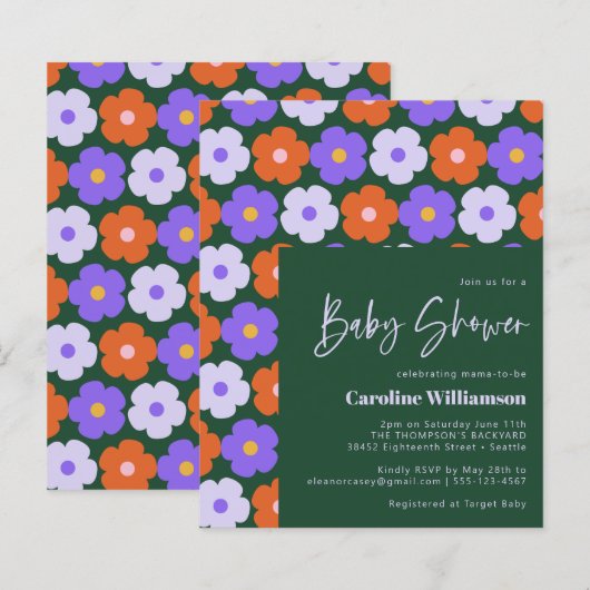 Budget Cute Retro Flower Paars Green Baby shower (Voorkant / Achterkant)
