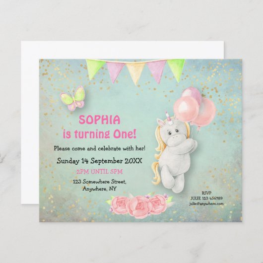 Budget Cute Unicorn eerste uitnodiging (Voorkant / Achterkant)