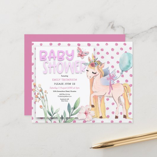 Budget Cute Unicorn Pink Baby shower Uitnodiging (Voorkant / Achterkant in situ)