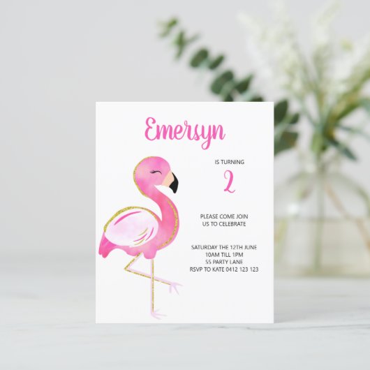 BUDGET Cute Waterverf Flamingo Pink Uitnodiging (Staand voorkant)