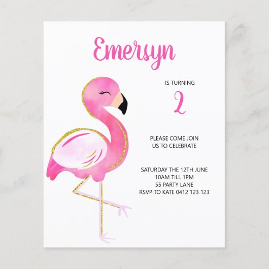 BUDGET Cute Waterverf Flamingo Pink Uitnodiging (Voorkant)
