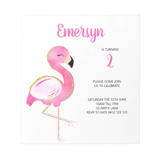 BUDGET Cute Waterverf Flamingo Pink Uitnodiging Notitieblok (Voorkant)
