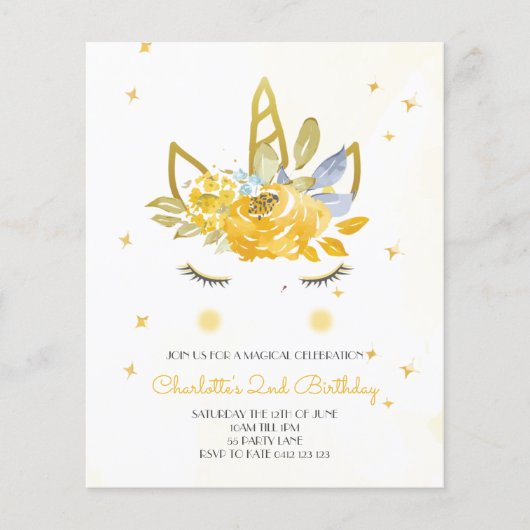 BUDGET Cute Waterverf Unicorn gele uitnodiging (Voorkant)