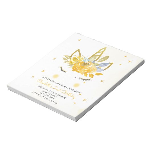 BUDGET Cute Waterverf Unicorn gele uitnodiging Notitieblok (Linkerzijde)