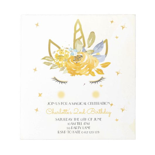 BUDGET Cute Waterverf Unicorn gele uitnodiging Notitieblok (Voorkant)