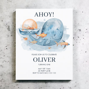 BUDGET Cute Waterverf Whale Birthday Uitnodiging