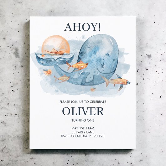 BUDGET Cute Waterverf Whale Birthday Uitnodiging